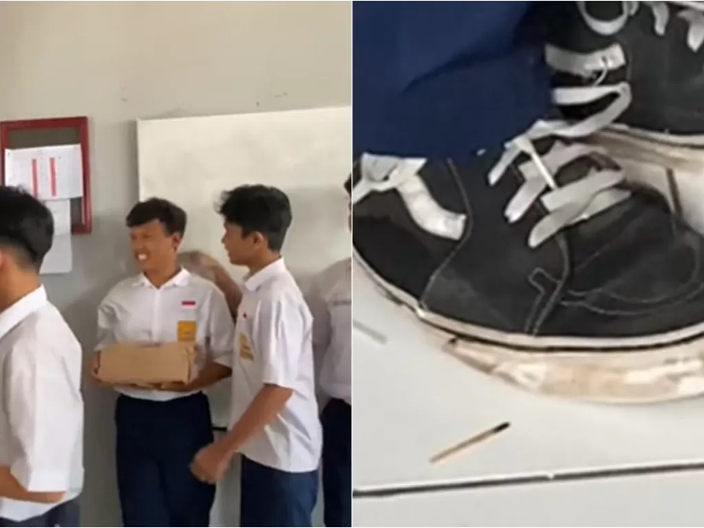 Anak yang SMP yang dihadiahi sepatu baru dari teman-teman sekelasnya. (TikTok/@rfirzl_)
