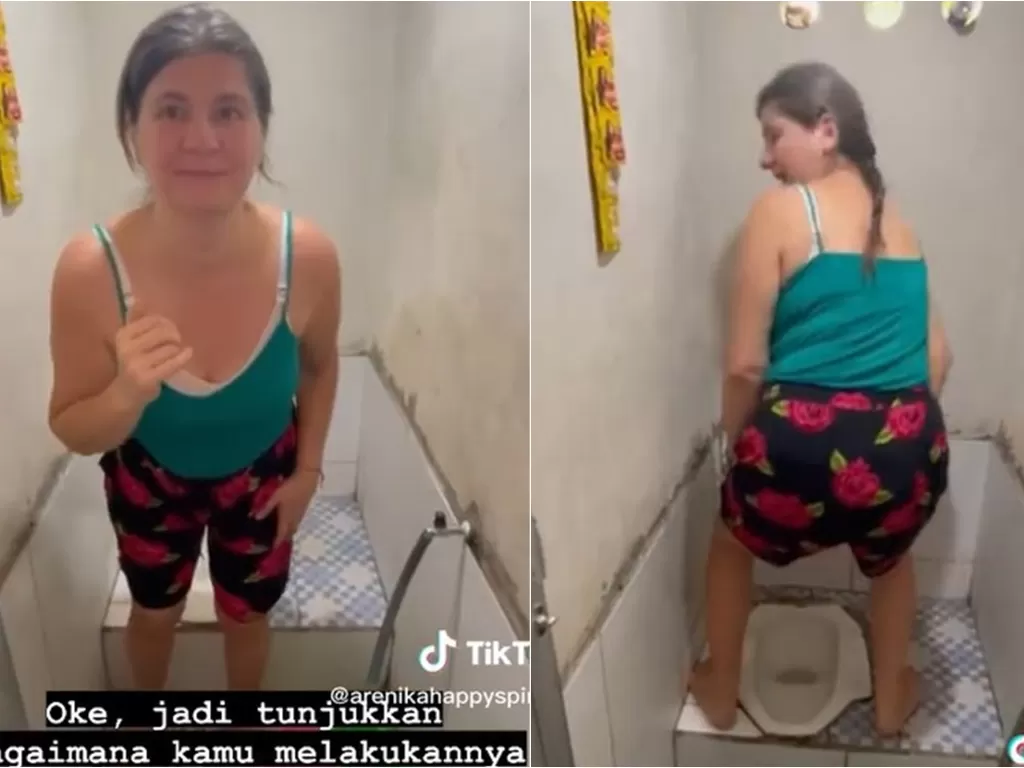 Momen bule bingung pakai toilet jongkok (TikTok/arenikahappyspiritus)