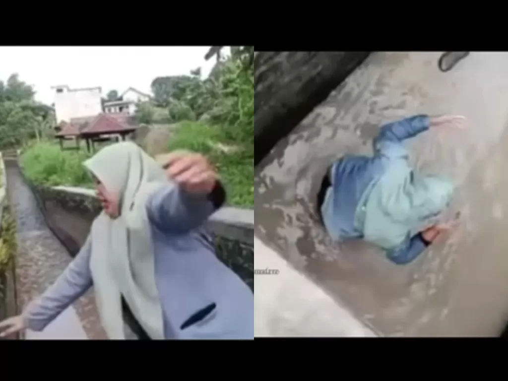 Wanita nyemplung ke selokan saat bikin video dari atas jembatan. (Instagram/memomedsos)