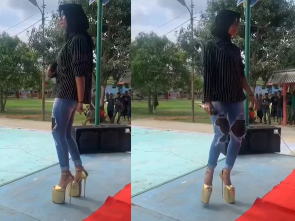 Cewek berhijab pakai celana jeans ketat robek-robek dan high heels super tinggi. (Screenshoot//Instagram/@paguyoanan)