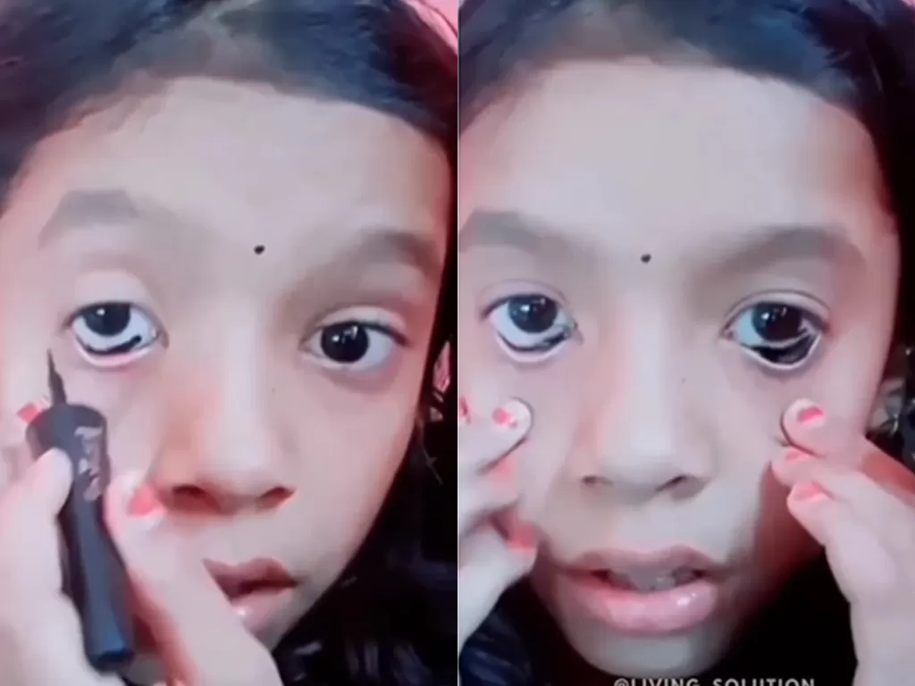 Anak perempuan pakai eyeliner cair di bagian putih mata. (Screenshoot/Instagram/@living_solution)