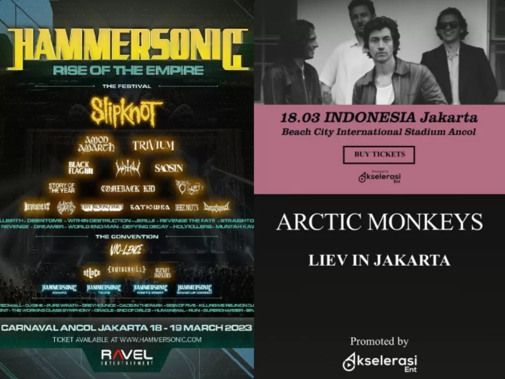Konser Hammersonic Festival 2023 dan Artic Monkeys digelar di Ancol. (Instagram/HammerSonicFest, articmonkeysindonesia).