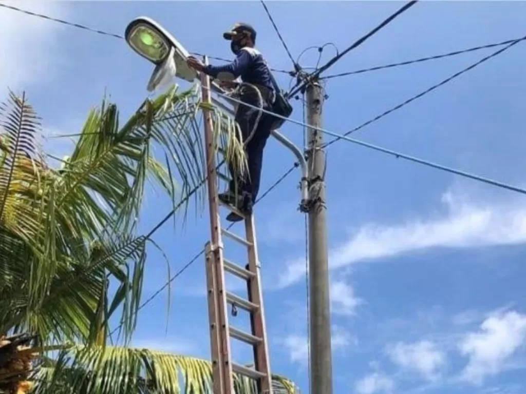 Petugas mengecek kondisi lampu penerangan jalan umum di Kota Denpasar, Provinsi Bali. (ANTARA/HO-Dishub Denpasar)