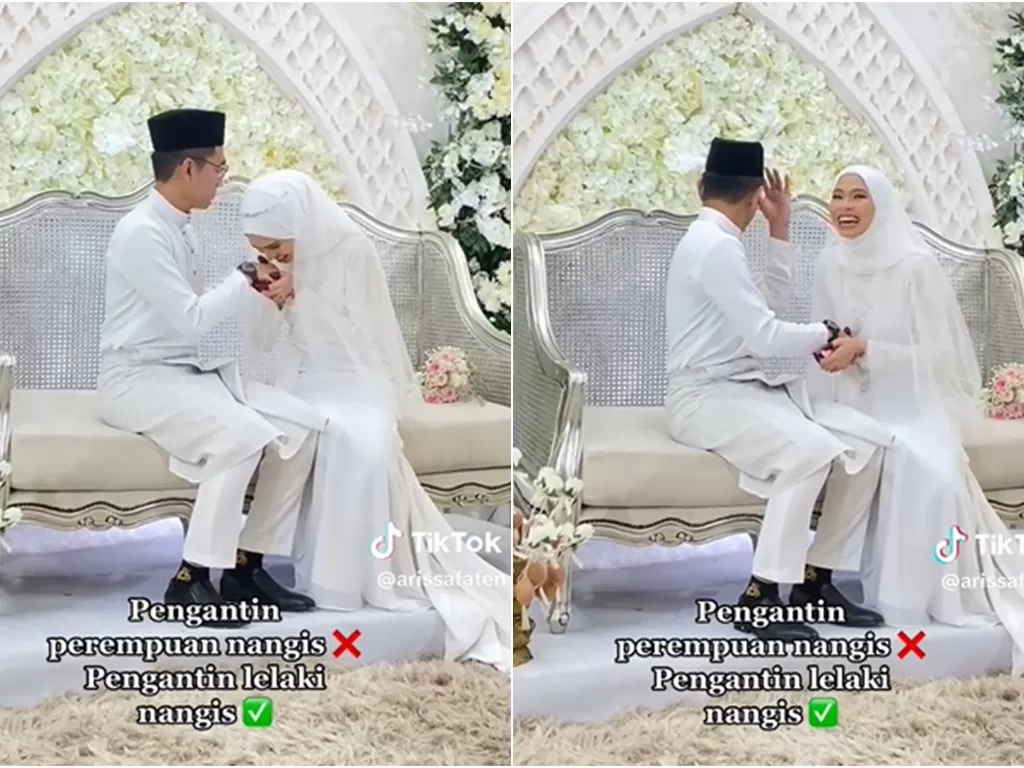 Momen pengantin pria nangis saat salaman dengan istri. (TikTok/@arisfaten)