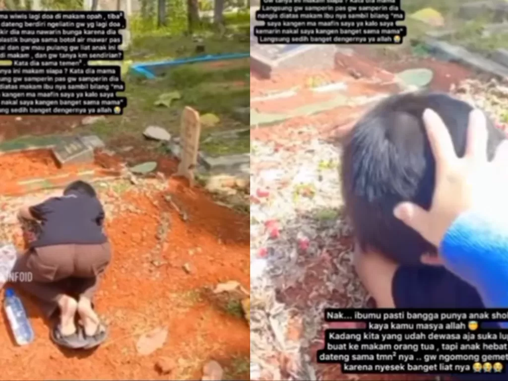Bocah bersimpuh di makam ibu mengaku kangen. (Instagram/unikinfo_id)