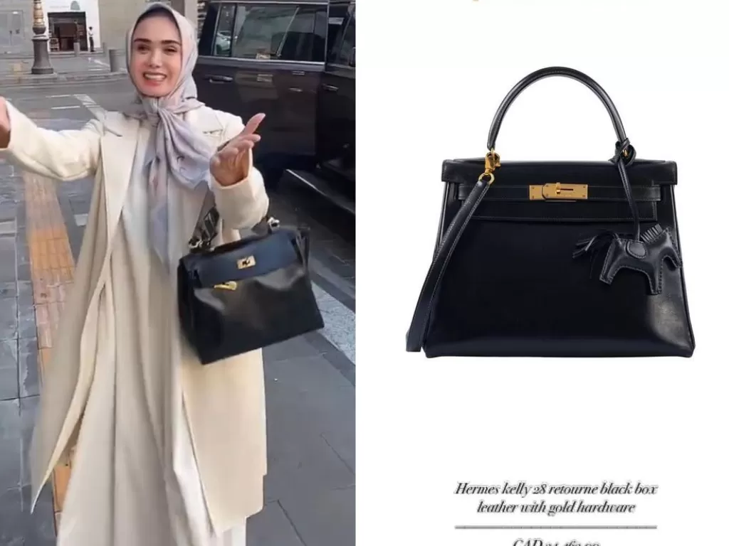 Koleksi tas Hermes Yuni Shara dan gaya hijabnya. (Instagram/@hermes.selebriti)
