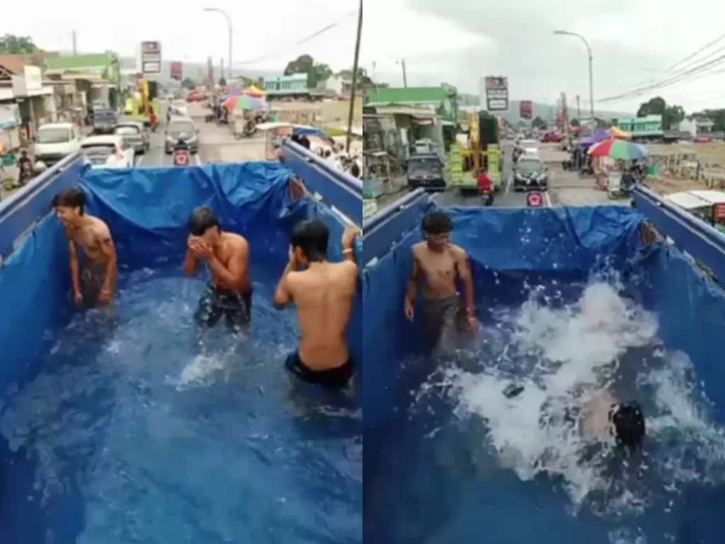Sekelompok pemuda asyik berenang di atas truk. (Instagram/terang_media)