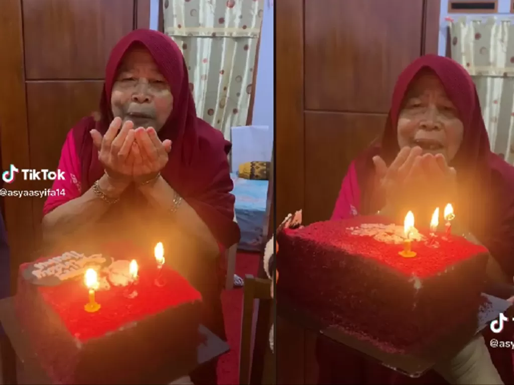Nenek berdoa saat akan meniup lilin ulang tahun. (TikTok/asyaasyifa14)