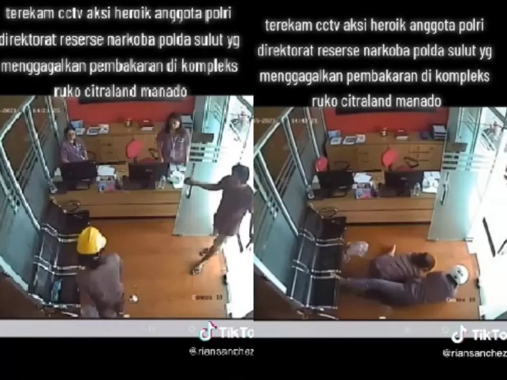 Anggota Polisi yang berhasil gagalkan pembakaran ruko di Manado. (TikTok/ @riansanchez39)
