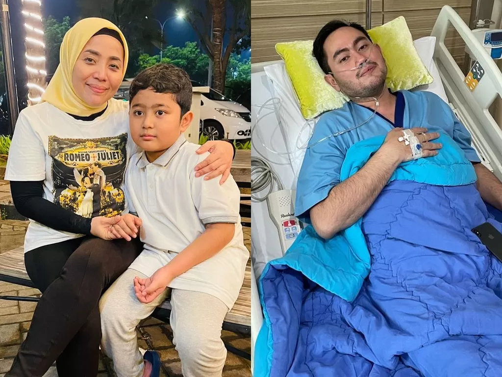 Kiri: Muzdalifah dan anaknya (Instagram/muzdalifah999) Kanan: Nassar di rumah sakit (Instagram/kingnassar88)