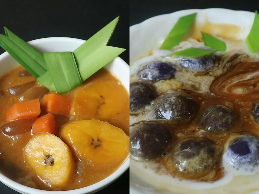 Kolak pisang ubi kolang-kaling (kiri), candil ubi ungu (kanan). (Z Creators/Jimmy Martino)