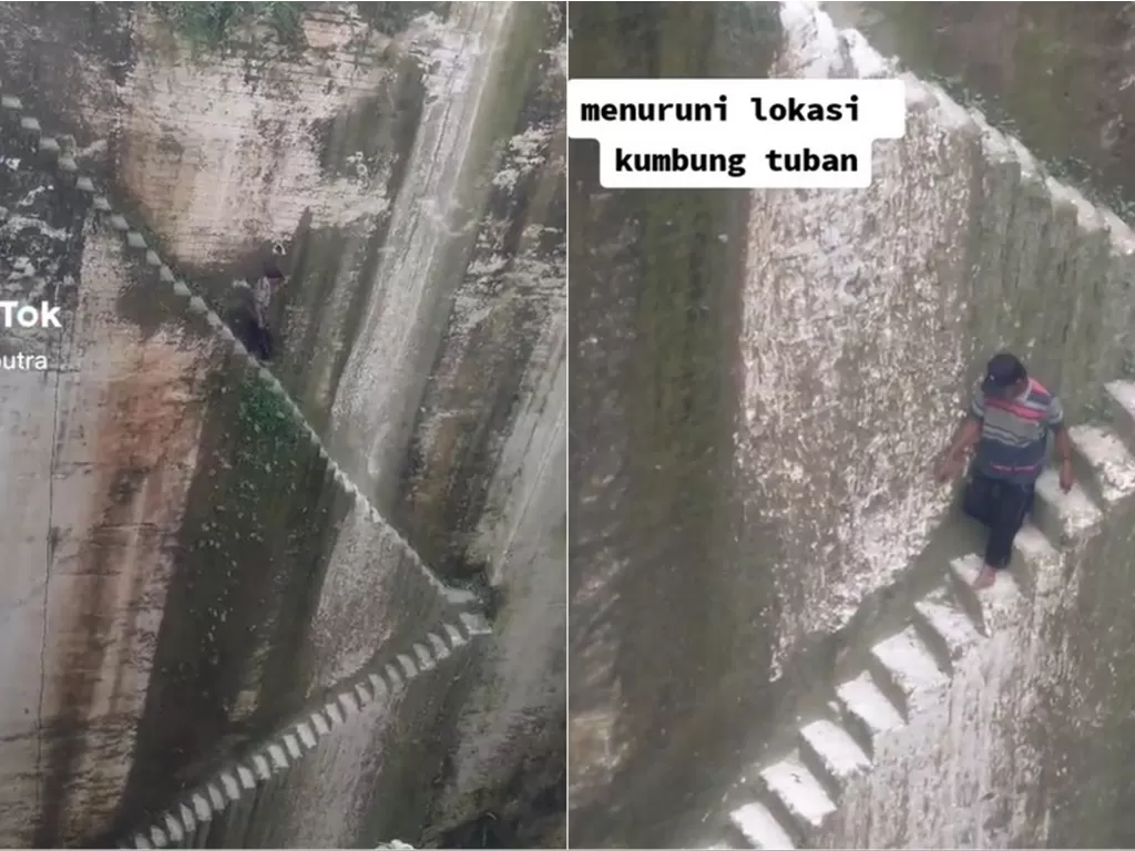 Momen pria turuni tambang batu Kumbung di Tuban, Jatim (TikTok/divan_putra)
