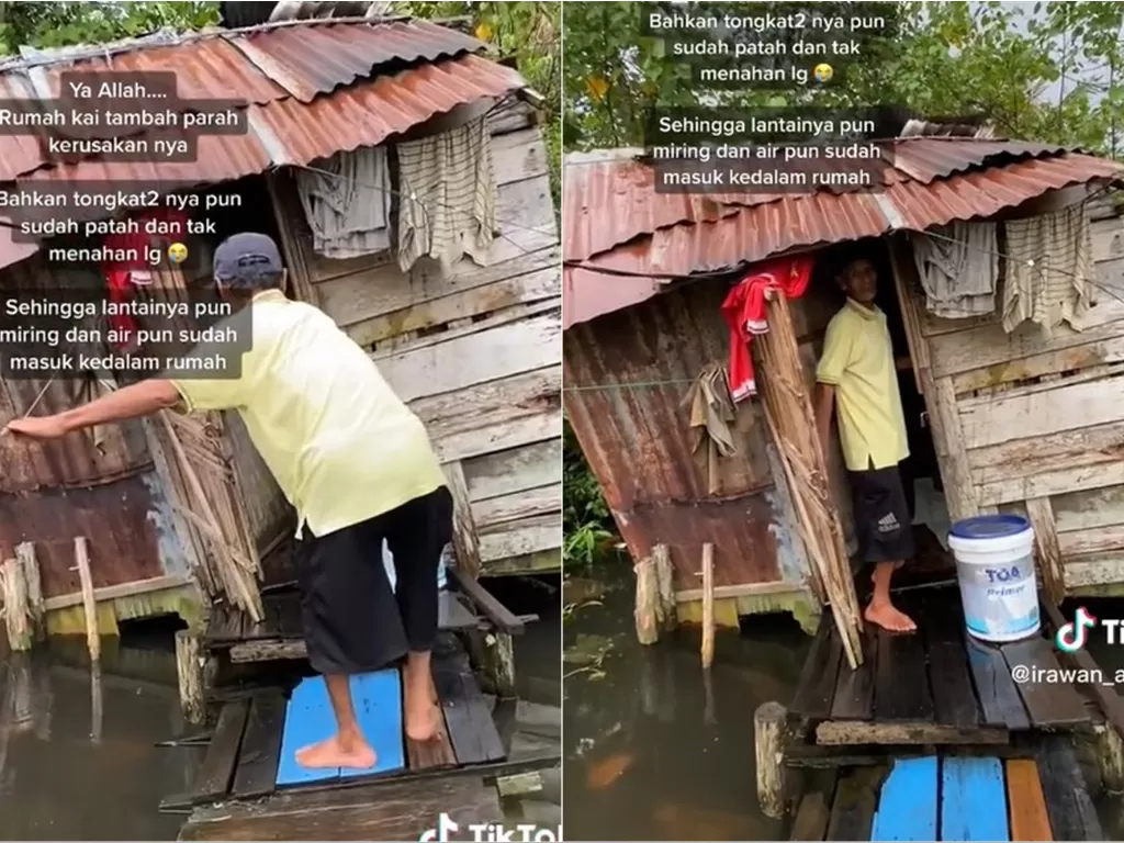 Rumah Kai di Banjarmasin nyaris roboh dan kebanjiran (TikTok/irawan_akbarnet)
