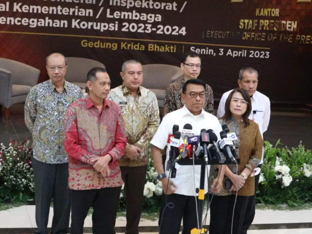 Kepala Staf Presiden Moeldoko saat memberikan pernyataan di Gedung Krida Bhakti, Jakarta, Senin (3/4/2023). (ANTARA/Desca Lidya Natalia)
