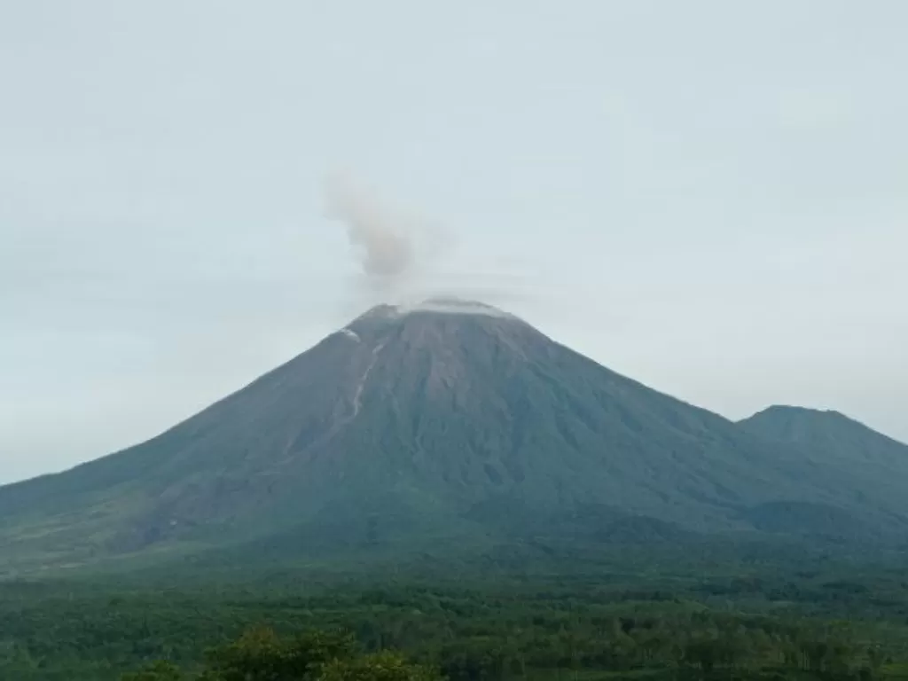 Gunung Semeru yang terpantau dari Pos Pengamatan Semeru di Gunung Sawur, Lumajang, Jawa Timur, Rabu (5/4/2023). (PVMBG)