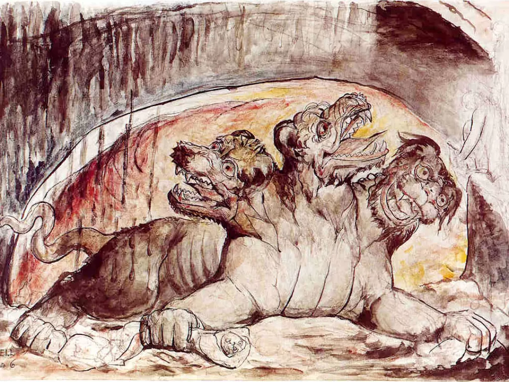 Cerberus, anjing berkepala tiga peliharaan Hades. (William Blake)