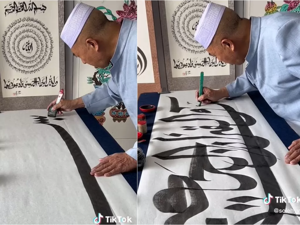 Pria membuat lukisan kaligrafi (TikTok/soleh_yu)