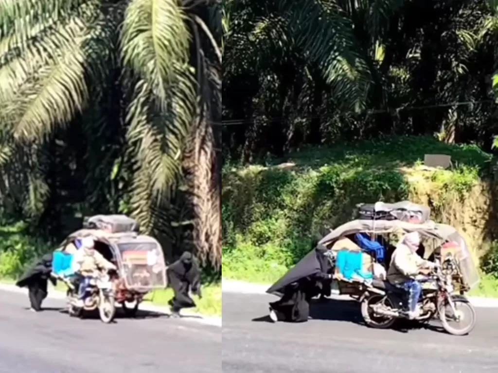 Santriwati bantu ayah dorong becak motor yang tak kuat nanjak. (Instagram/tkpmedan)