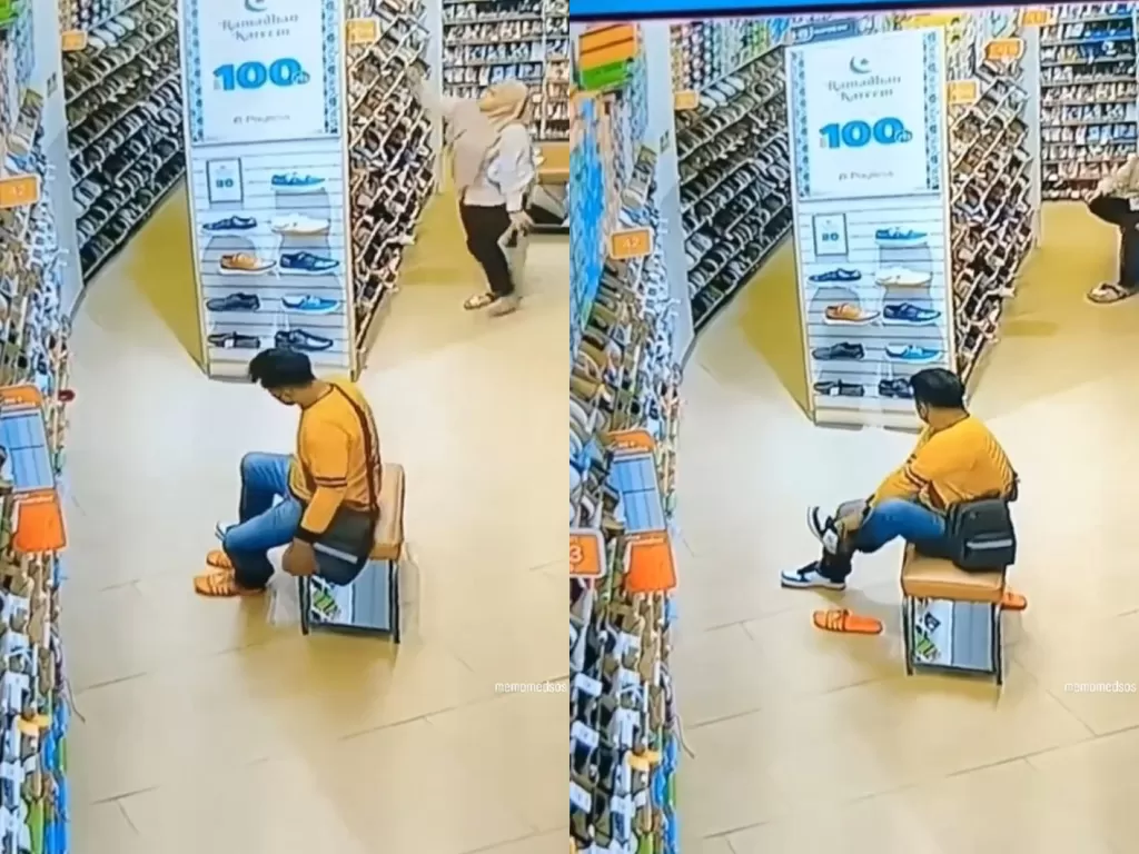 Seorang pria tukar sepatu di mall. (Instagram/@memomedsos)