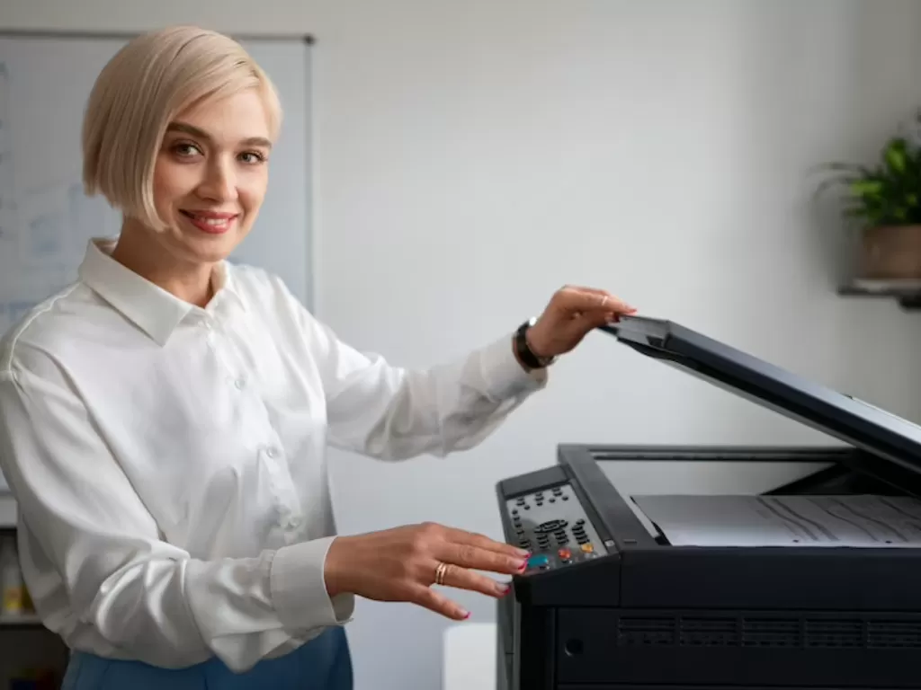 Ilustrasi karyawan sedang mengoperasikan printer kantor. (Freepik)