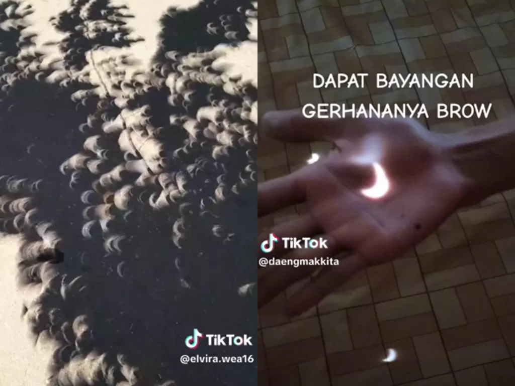 Tangkapan layar rekaman bayangan berbentuk bulan sabit saat Gerhana Matahari Hibrida. (TikTok/revanbessie_/daengmakkita)