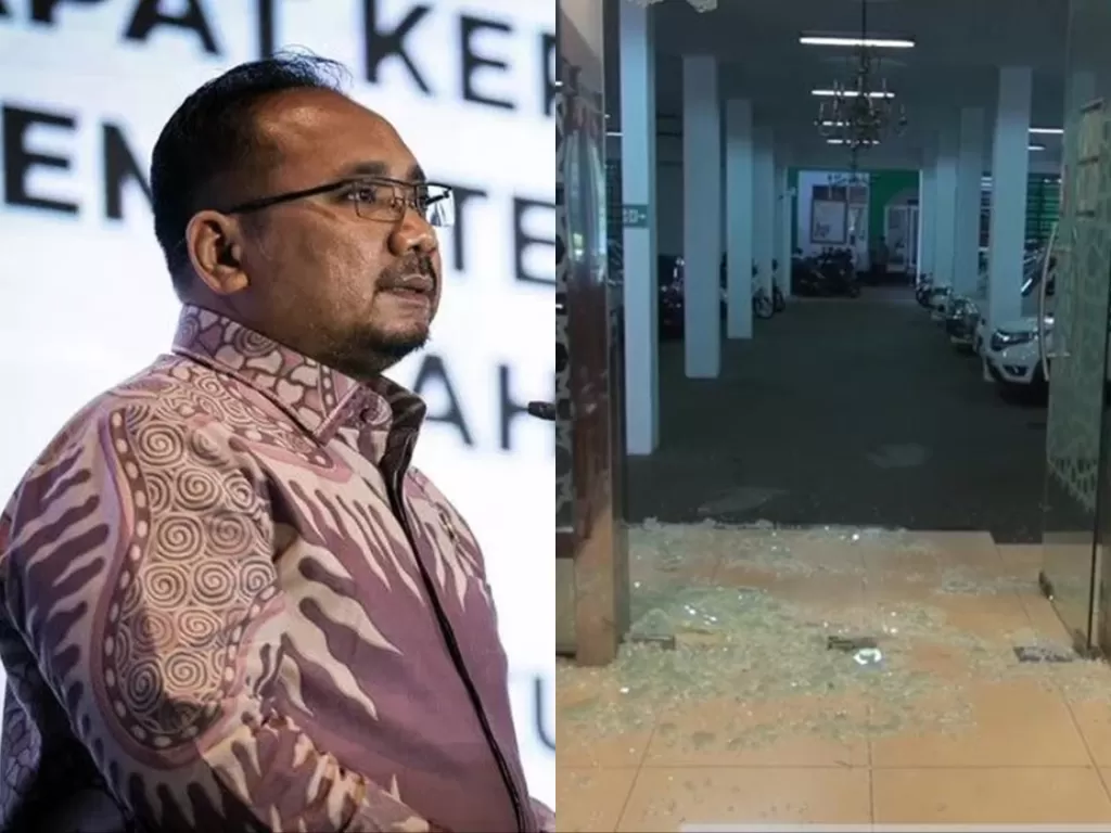 Kiri: Menteri Agama Yaqut Cholil Qoumas. (ANTARA/HO-Kemenag) / Kanan: Bagian dalam kantor MUI Jakarta pasca ditembak. (INDOZONE/Samsudhuha Wildansyah)