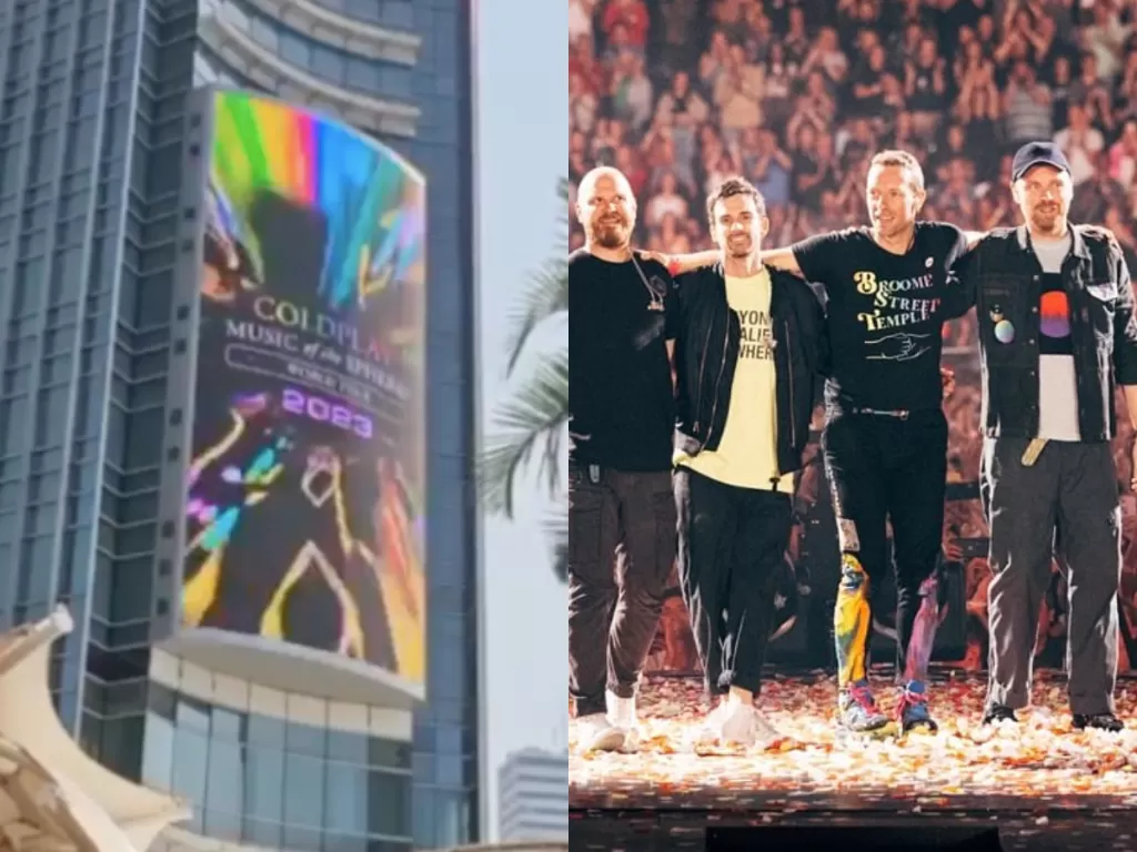 Video teaser Music of the Spheres World Tour di salah satu billboard di kawasan Bundaran HI, Jakarta Pusat (Instagram/idwantscoldplay/coldplay)