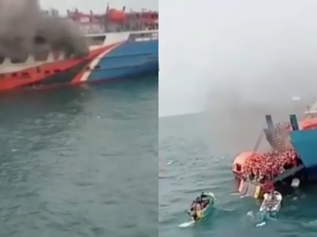 Kapal feri terbakar di lepas Pelabuhan Merak, Banten (Instagram/seputartangsel)