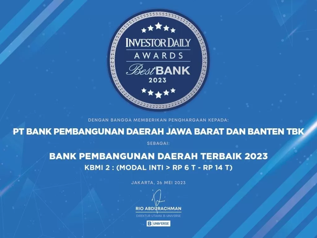 Bank bjb raih predikat Best Bank 2023 versi Majalah Investor (Bank bjb)