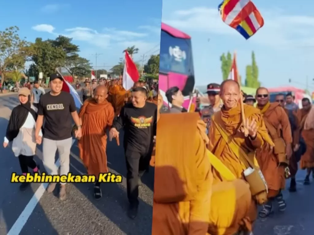 Bupati Kendal Ddico beserta istri menyambut dan mengantarkan para biksu Thudong untuk merakan Waisak di Candi Boribudur, Jawa Tengah. (Instagram/dicoganinduto).