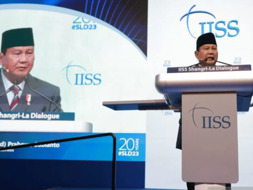  Menteri Pertahanan RI Prabowo Subianto di International Institute for Strategic Studies (IISS) Shangri-La Dialogue 20th Asia Security Summit, Singapura, Sabtu (3/6/2023). (ANTARA/HO-Tim Media Prabowo Subianto)