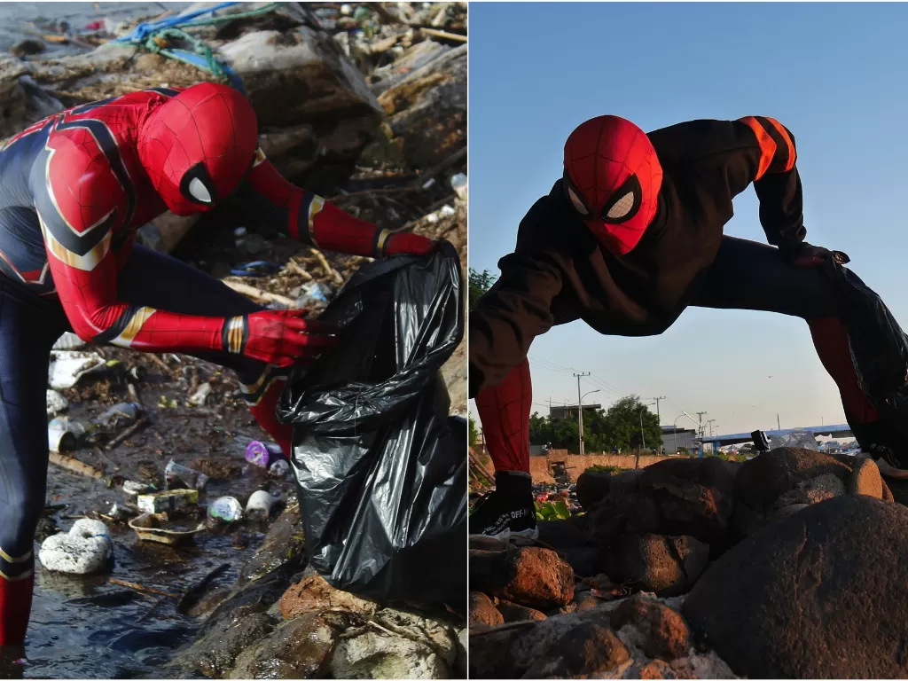 Spiderman bersihkan pantai dalam rangka Hari Lingkungan Hidup Sedunia (Z Creators/Rudi Hartono)