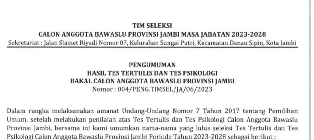 Breaking News Berikut Nama Nama Besar Calon Bawaslu Provinsi Jambi