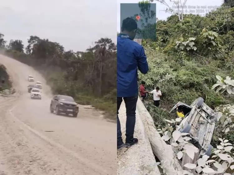 Iring-iringan Rombongan Kunker Gubernur Kaltim Terperosok di Kutai Kartanegara, Tak Ada Korban Jiwa. (KlikSoloNews/dok)