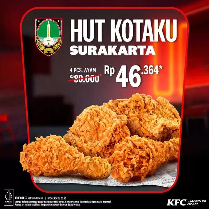 Dear Warga Solo: Promo Spesial HUT KOTAKU SOLO, KFC Hadirkan 4 Pcs Ayam Mulai Rp46 Ribuan. (KlikSoloNews/dok X KFC)