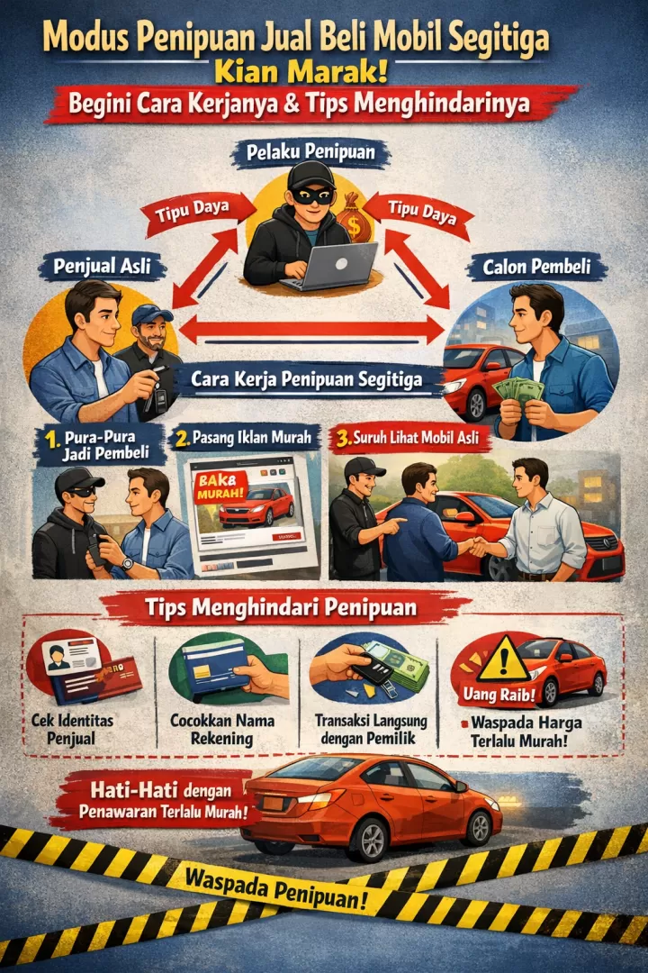 Modus Penipuan Jual Beli Mobil Segitiga Kian Marak, Begini Cara Kerjanya dan Tips Menghindarinya. (KlikSoloNews/dok AI)