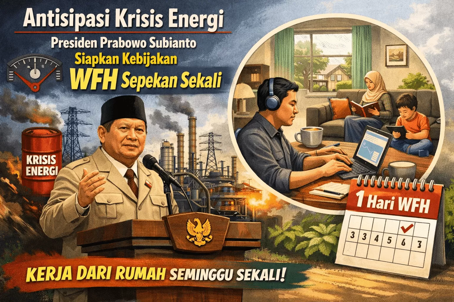 Antisipasi Krisis Energi, Presiden Prabowo Subianto Siapkan Kebijakan WFH Sepekan Sekali. (KlikSoloNews/dok AI)