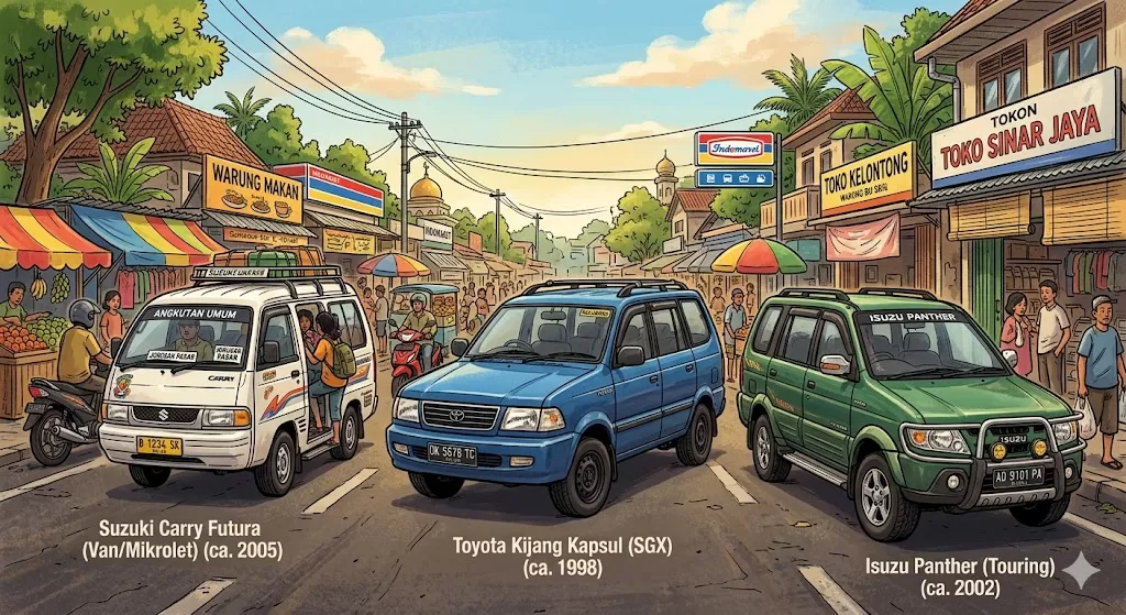 Suzuki Carry, Toyota Kijang, dan Isuzu Panther: Tiga Legenda yang Tak Pernah Tergusur di Jalanan Indonesia. (KlikSolonews/dok AI)