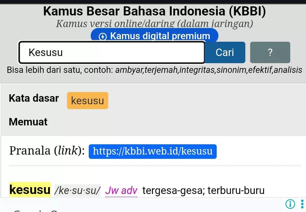 SAH! Kata “Kesusu” Resmi Masuk KBBI, Bukti Bahasa Indonesia Semakin Kaya dan Inklusif. (KlikSoloNews/dok tangkapan layar KBBI)