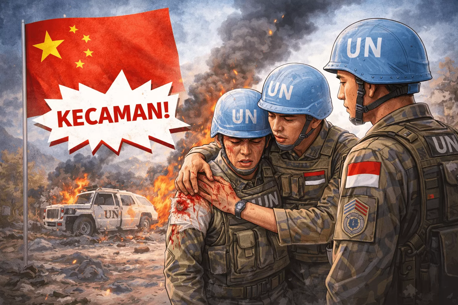 China Kecam Serangan ke Pasukan PBB di Lebanon, Tiga Prajurit TNI Gugur dalam Tugas. (KlikSoloNews/dok AI)