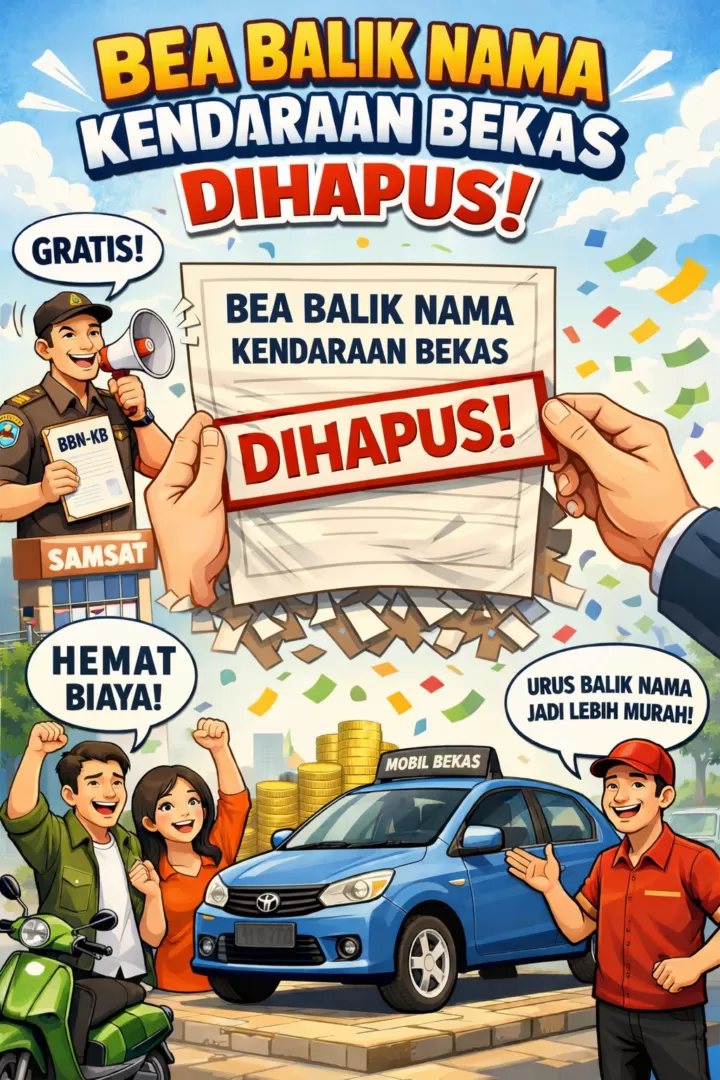 buatkan ilustrasi gambar Bea Balik Nama Kendaraan Bekas Dihapus. (KlikSoloNews/dok AI)