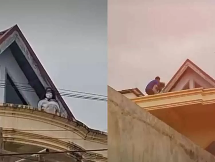 Viral! Wanita Diduga ODGJ Naik Atap Gedung 3 Lantai dan Lempari Warga, Berhasil Dievakuasi Petugas Damkar. (KlikSolonews/dok)
