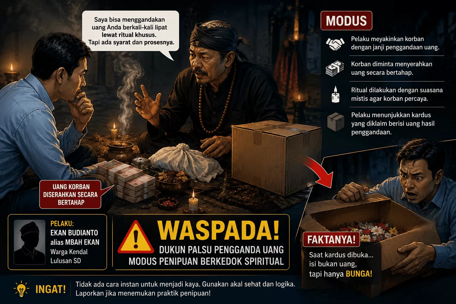 Kenapa Orang Masih Percaya Dukun Pengganda Uang? Ini Penjelasan Psikologis dan Sosialnya. (KlikSoloNews/dok AI)