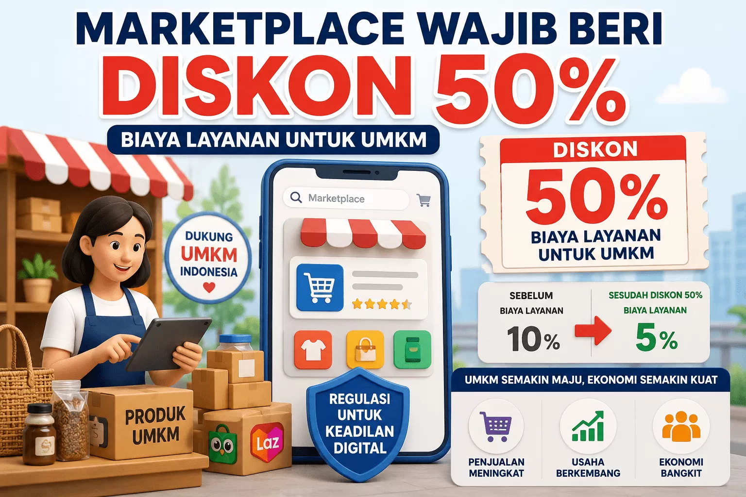 Pemerintah Siapkan Aturan Baru: Marketplace Wajib Beri Diskon 50 Persen Biaya Layanan untuk UMKM. (KlikSoloNews/dok AI)