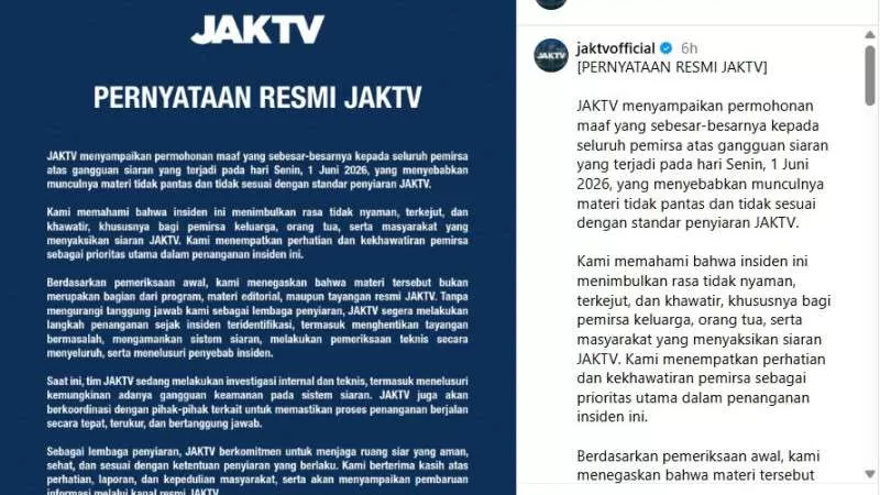 JAKTV Minta Maaf Usai Muncul Tayangan Tidak Pantas saat Siaran, Investigasi Masih Berlangsung. (KlikSoloNews/dok)