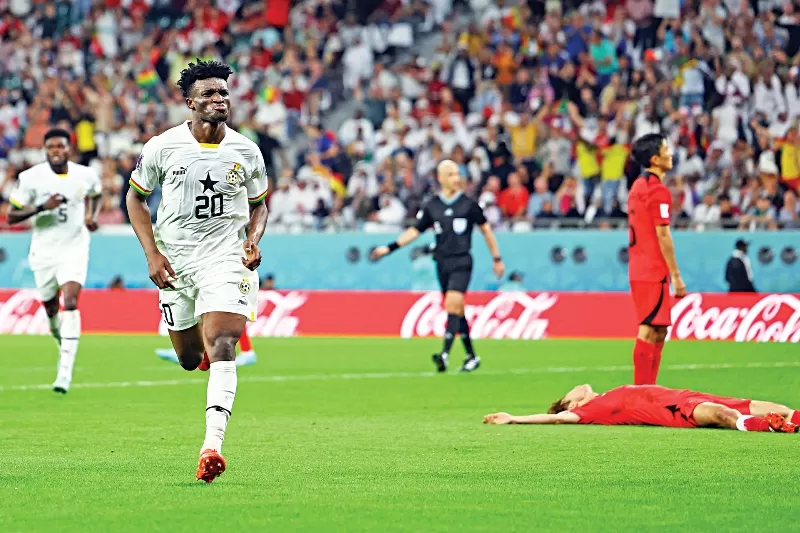 Mohammed Kudus merayakan golnya dalam laga Korea Selatan Vs Ghana di penyisihan Grup G Piala Dunia 2022. (Foto: thedailystar net)