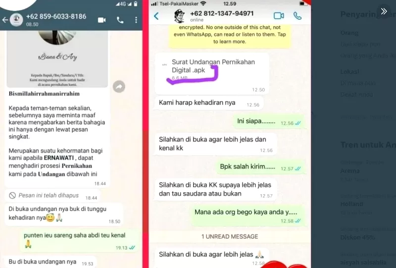 Modus kuras rekening melalui undangan nikah di WhatsApp sedang marak. (Foto: Twitter @heraloebss)
