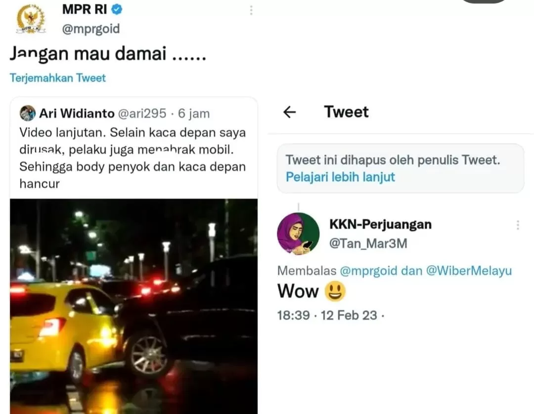 Cuitan akun resmi MPR RI soal Fortuner di Senopati (tangkapan layar) 