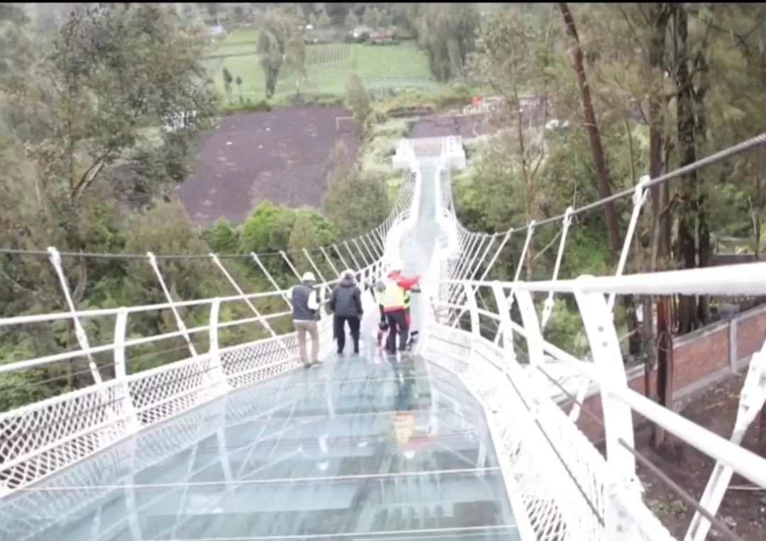 Khofifah Indra Parawansa terjatuh saat tinjau jembatan kaca di Taman Nasional Bromo Tengger Semeru (tangkapan layar)