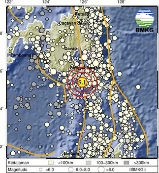 Gempa bumi terkini dengan kekuatan Magnitudo 5,1 mengguncang Melonguane, Sulawesi Utara.